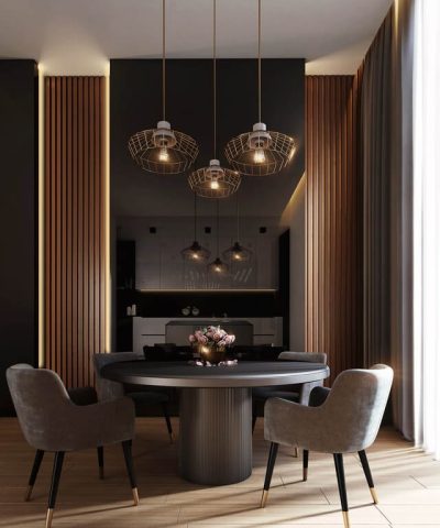 Gray Dining Table Under Pendant Lamps